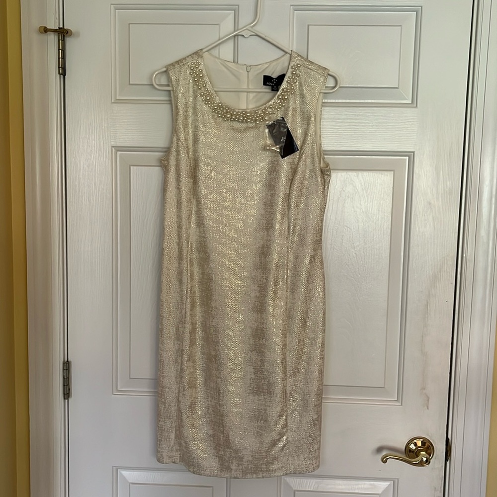 Cream and gold metallic cocktail sheath dress with pearl accents